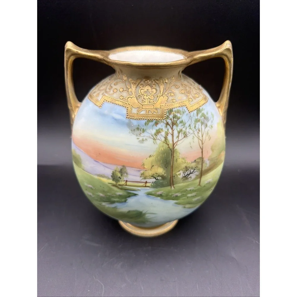 Antique Hand Painted Nippon Porcelain Landscape Vase Double Handle Gold Gilt 8